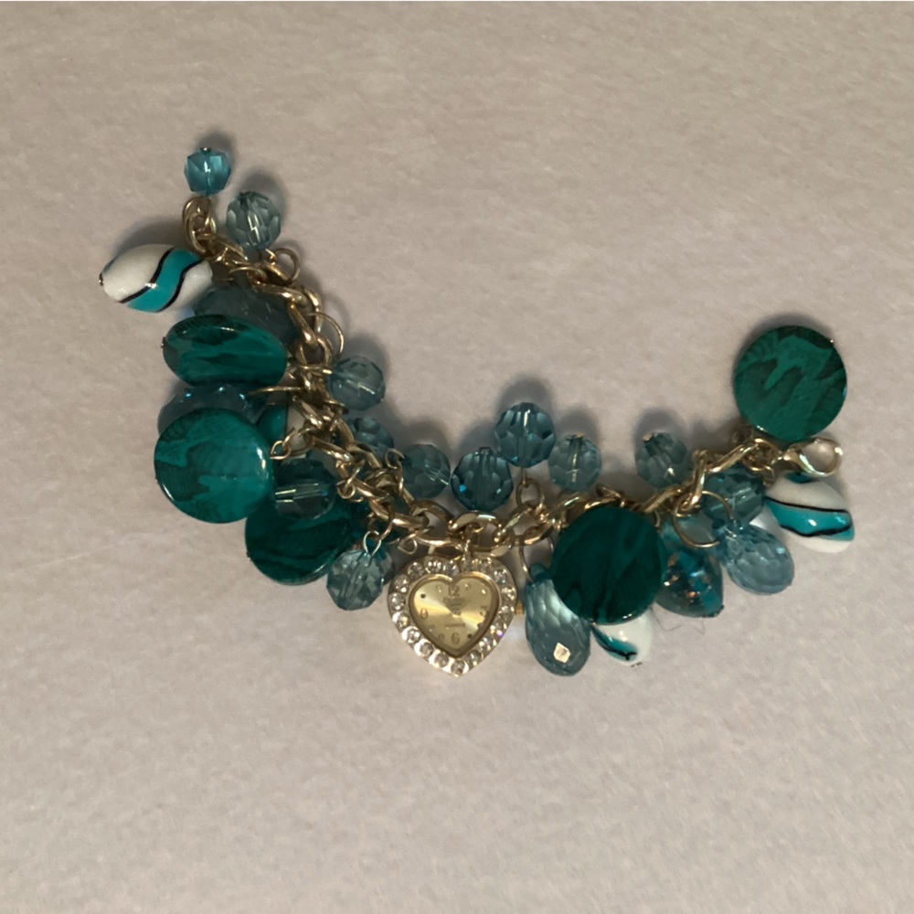 Elegant Turquoise and Gold watch charm Bracelet with Heart Charm